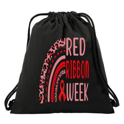 We Wear Red For Red Ribbon Week Awareness rainbow Leopard Drawstring Bag