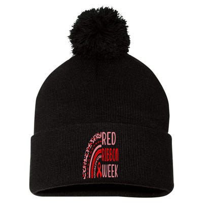 We Wear Red For Red Ribbon Week Awareness rainbow Leopard Pom Pom 12in Knit Beanie
