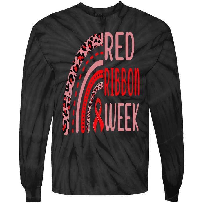 We Wear Red For Red Ribbon Week Awareness rainbow Leopard Tie-Dye Long Sleeve Shirt