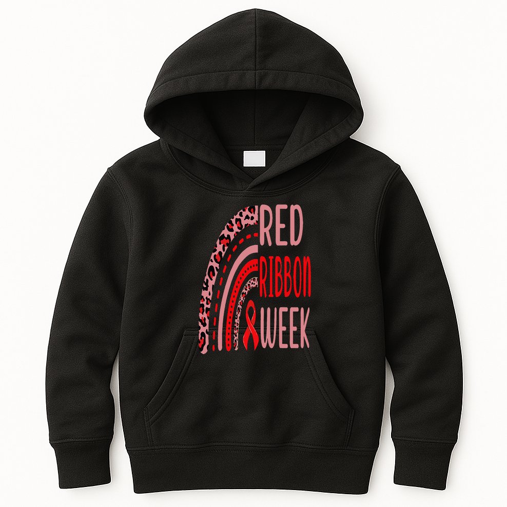 We Wear Red For Red Ribbon Week Awareness rainbow Leopard Kids Hoodie