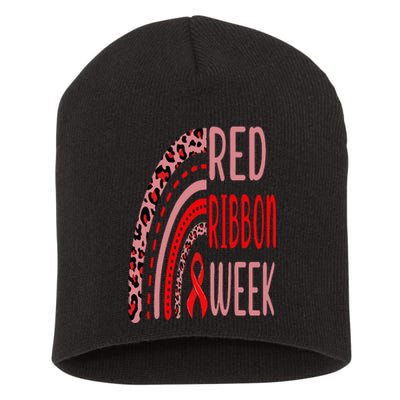 We Wear Red For Red Ribbon Week Awareness rainbow Leopard Short Acrylic Beanie