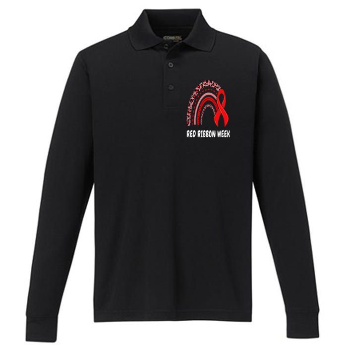 We Wear Red For Red Ribbon Week Awareness rainbow Leopard Performance Long Sleeve Polo