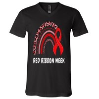 We Wear Red For Red Ribbon Week Awareness rainbow Leopard V-Neck T-Shirt