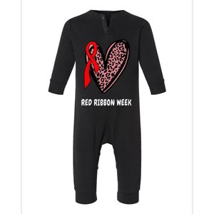 We Wear Red For Red Ribbon Week Awareness Leopard heart Infant Fleece One Piece