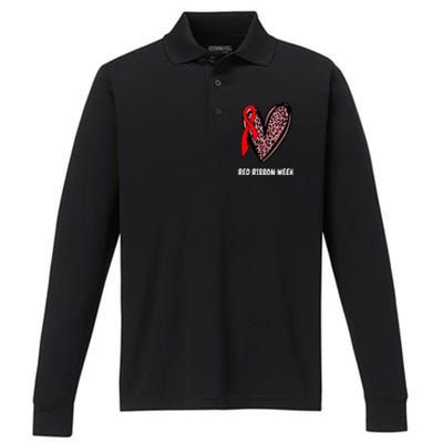 We Wear Red For Red Ribbon Week Awareness Leopard heart Performance Long Sleeve Polo