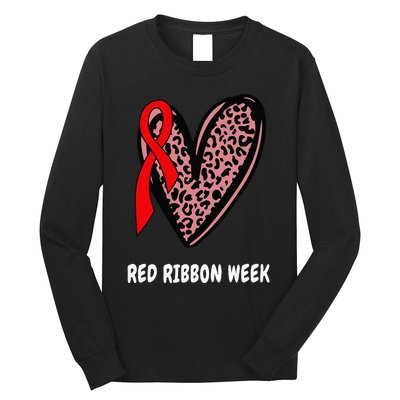 We Wear Red For Red Ribbon Week Awareness Leopard heart Long Sleeve Shirt