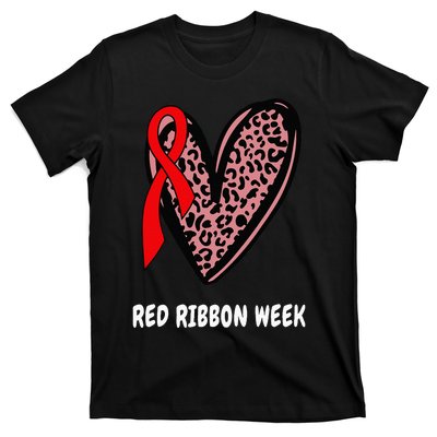 We Wear Red For Red Ribbon Week Awareness Leopard heart T-Shirt