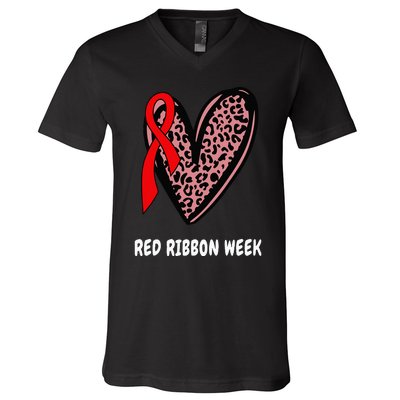 We Wear Red For Red Ribbon Week Awareness Leopard heart V-Neck T-Shirt