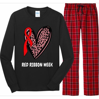 We Wear Red For Red Ribbon Week Awareness Leopard heart Long Sleeve Pajama Set