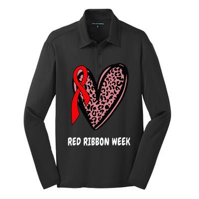 We Wear Red For Red Ribbon Week Awareness Leopard heart Silk Touch Performance Long Sleeve Polo