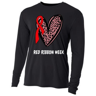 We Wear Red For Red Ribbon Week Awareness Leopard heart Cooling Performance Long Sleeve Crew