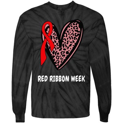 We Wear Red For Red Ribbon Week Awareness Leopard heart Tie-Dye Long Sleeve Shirt