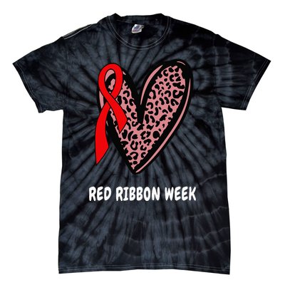 We Wear Red For Red Ribbon Week Awareness Leopard heart Tie-Dye T-Shirt