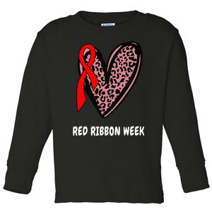 We Wear Red For Red Ribbon Week Awareness Leopard heart Toddler Long Sleeve Shirt