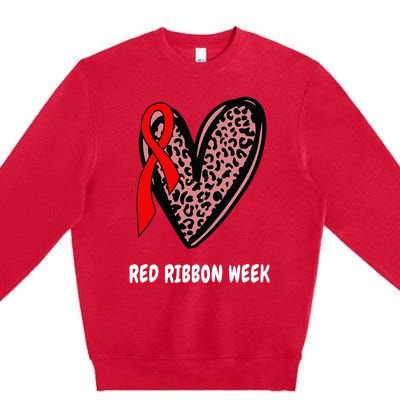 We Wear Red For Red Ribbon Week Awareness Leopard heart Premium Crewneck Sweatshirt