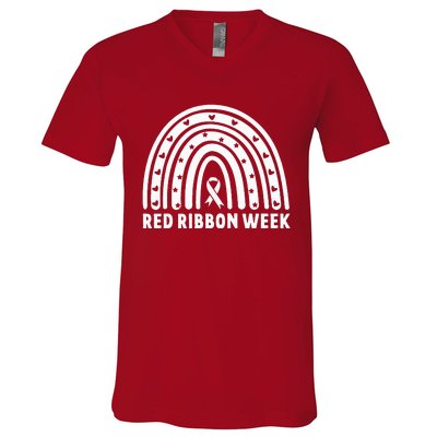 We Wear Red For Red Ribbon Week Awareness Leopard Rainbow V-Neck T-Shirt