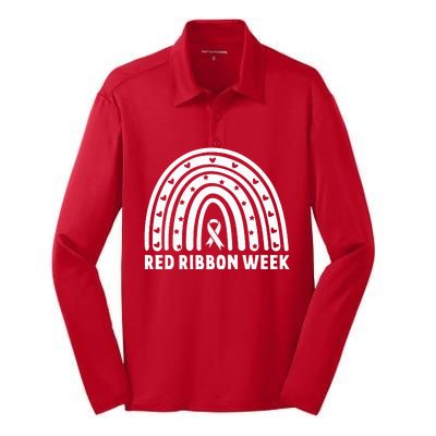 We Wear Red For Red Ribbon Week Awareness Leopard Rainbow Silk Touch Performance Long Sleeve Polo