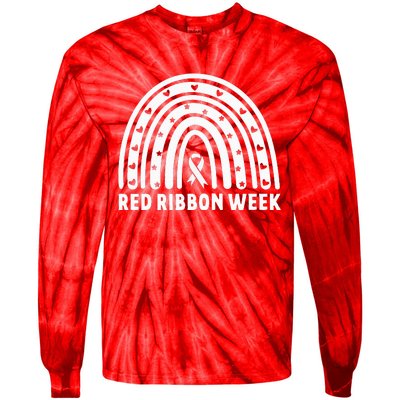 We Wear Red For Red Ribbon Week Awareness Leopard Rainbow Tie-Dye Long Sleeve Shirt