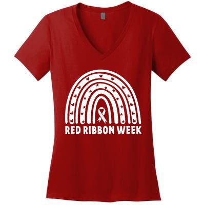 We Wear Red For Red Ribbon Week Awareness Leopard Rainbow Women's V-Neck T-Shirt