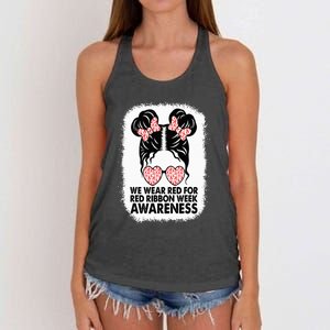 We Wear Red For Red Ribbon Week Awareness Messy Bun Bleached Women's Knotted Racerback Tank