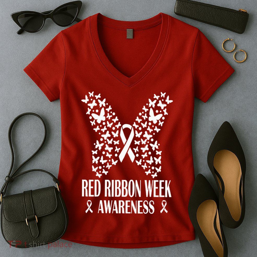 We Wear Red Ribbon Week Drug free Red Ribbon Week Awareness Women's V-Neck T-Shirt