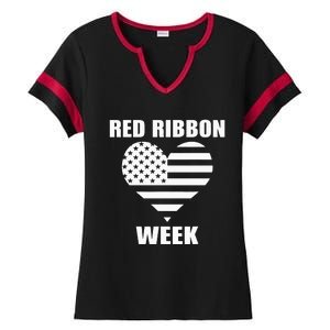 We Wear red For Red Ribbon Week Awareness American Flag Ladies Halftime Notch Neck Tee