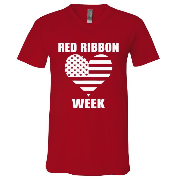 We Wear red For Red Ribbon Week Awareness American Flag V-Neck T-Shirt