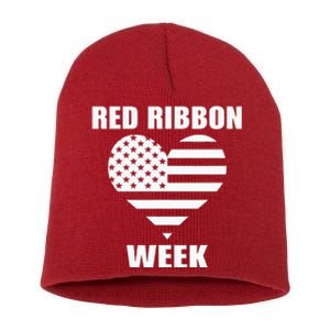 We Wear red For Red Ribbon Week Awareness American Flag Short Acrylic Beanie