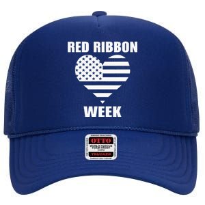 We Wear red For Red Ribbon Week Awareness American Flag High Crown Mesh Back Trucker Hat