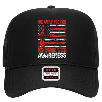 We Wear Red For Red Ribbon Week Awareness High Crown Mesh Back Trucker Hat