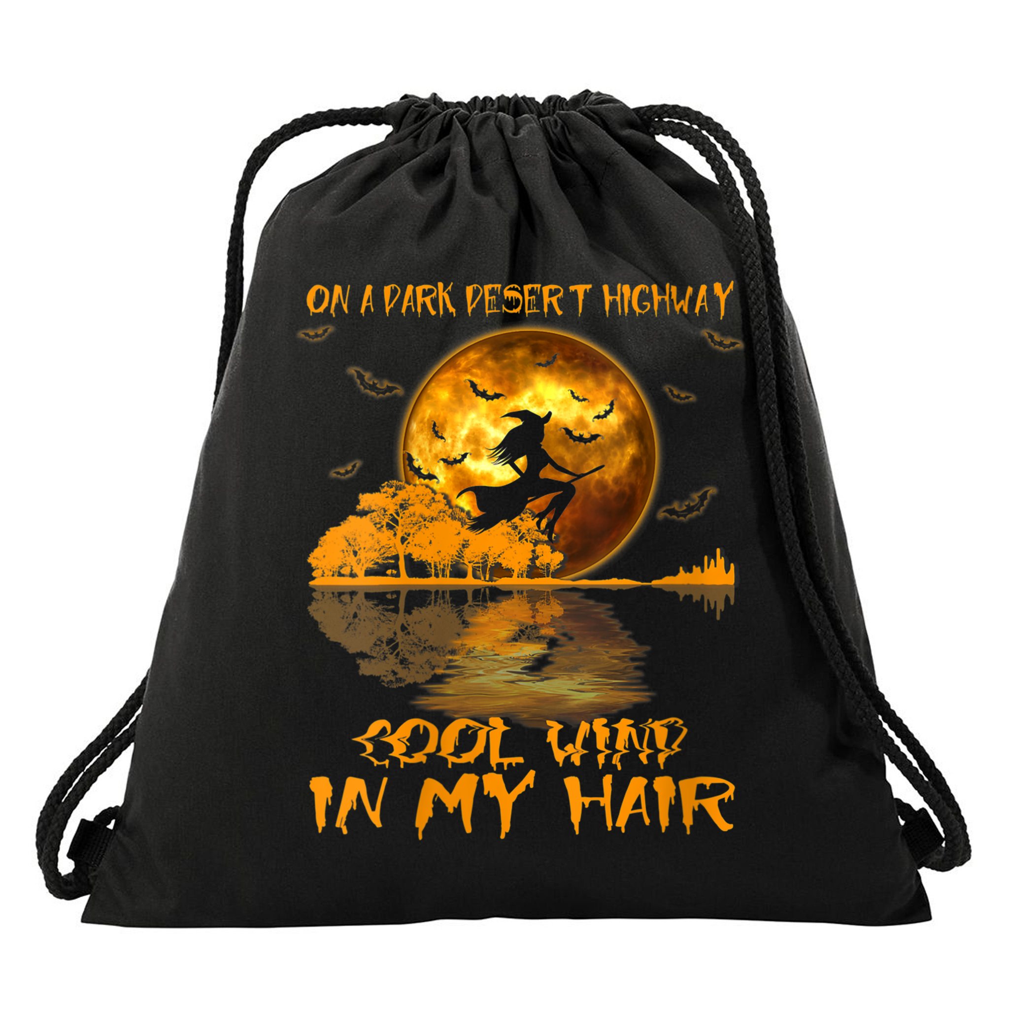 Women Witch Riding Brooms On A Dark Desert Highways Halloween Drawstring Bag