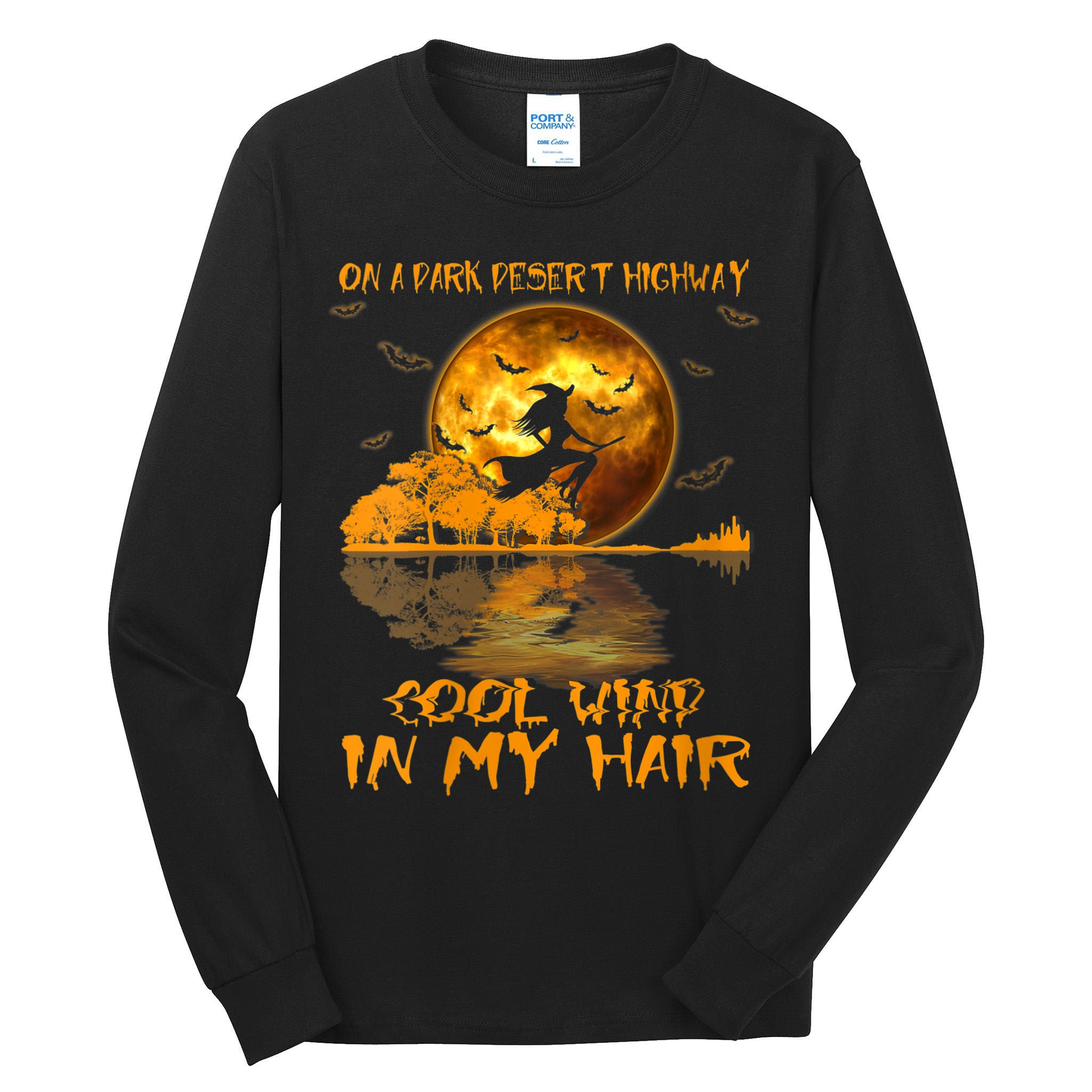 Women Witch Riding Brooms On A Dark Desert Highways Halloween Tall Long Sleeve T-Shirt