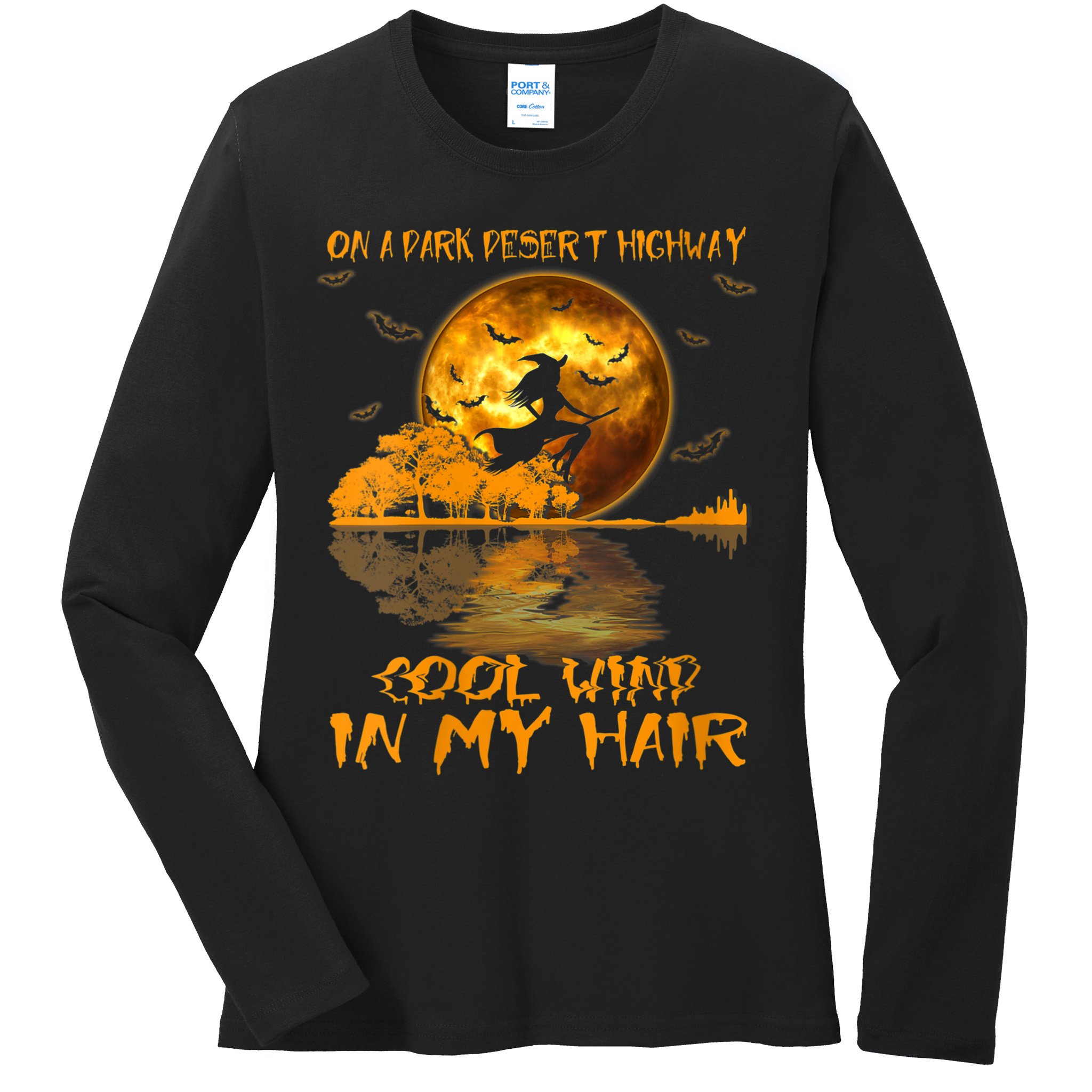 Women Witch Riding Brooms On A Dark Desert Highways Halloween Ladies Long Sleeve Shirt