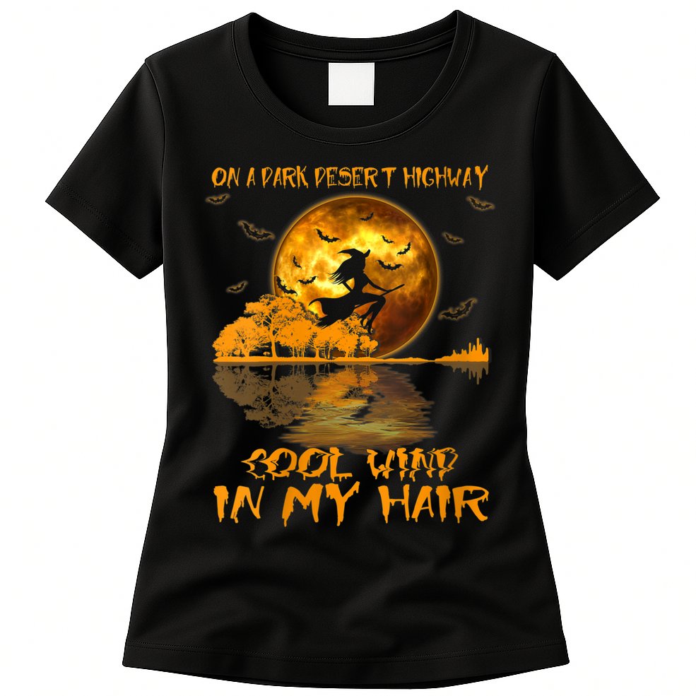 Women Witch Riding Brooms On A Dark Desert Highways Halloween Womens T-Shirt