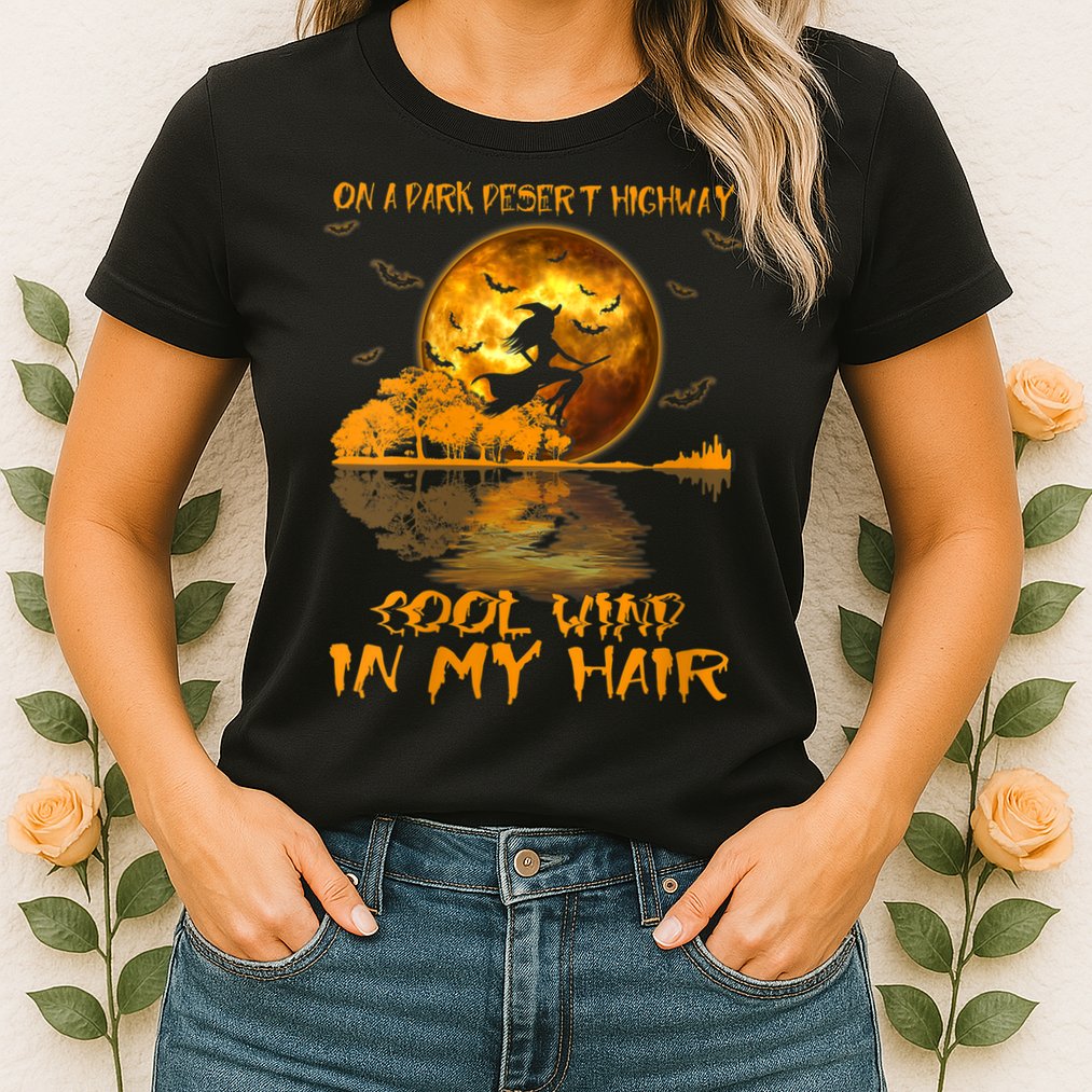 Women Witch Riding Brooms On A Dark Desert Highways Halloween Womens T-Shirt