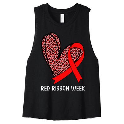 We Wear Red For Red Ribbon Week Awareness Leopard Women's Racerback Cropped Tank