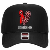 We Wear Red For Red Ribbon Week Awareness Leopard High Crown Mesh Back Trucker Hat