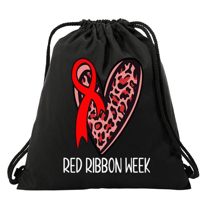 We Wear Red For Red Ribbon Week Awareness Leopard Drawstring Bag