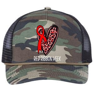 We Wear Red For Red Ribbon Week Awareness Leopard Retro Rope Trucker Hat Cap