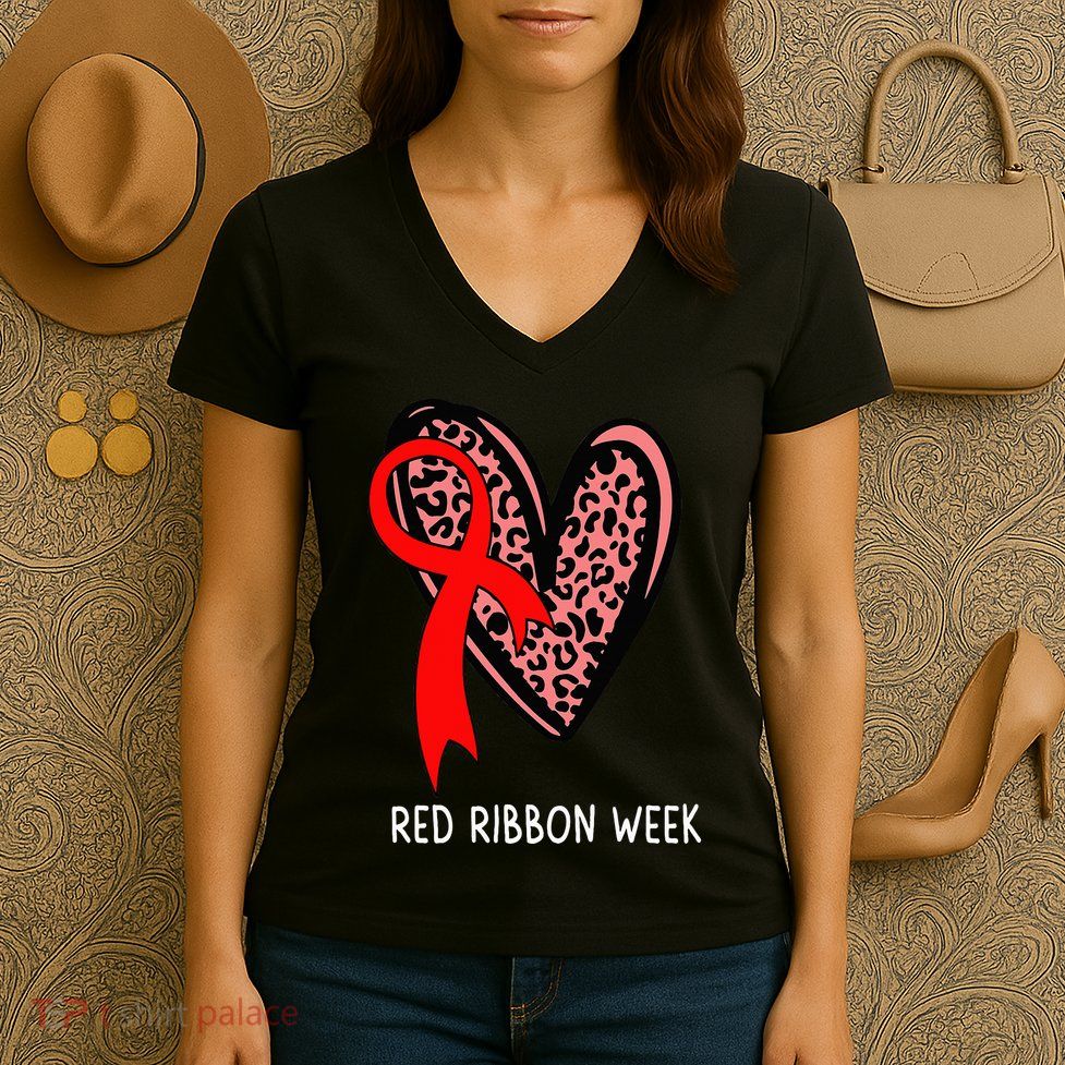 We Wear Red For Red Ribbon Week Awareness Leopard Women's V-Neck T-Shirt