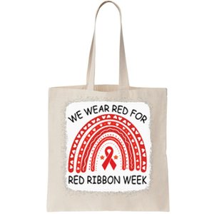 We Wear Red For Red Ribbon Week Awareness Rainbow Bleached Tote Bag