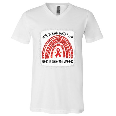 We Wear Red For Red Ribbon Week Awareness Rainbow Bleached V-Neck T-Shirt