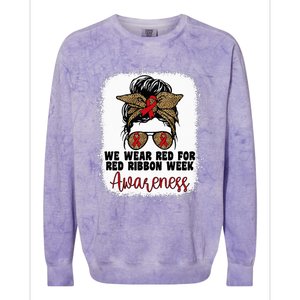 We Wear Red For Red Ribbon Week Awareness Cute Messy Bun Colorblast Crewneck Sweatshirt