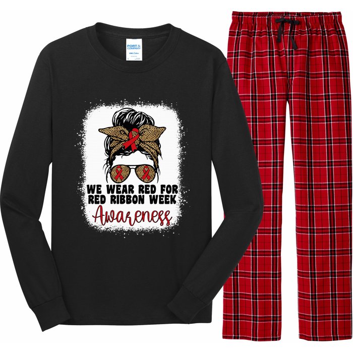 We Wear Red For Red Ribbon Week Awareness Cute Messy Bun Long Sleeve Pajama Set