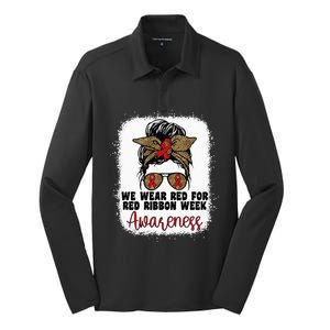 We Wear Red For Red Ribbon Week Awareness Cute Messy Bun Silk Touch Performance Long Sleeve Polo