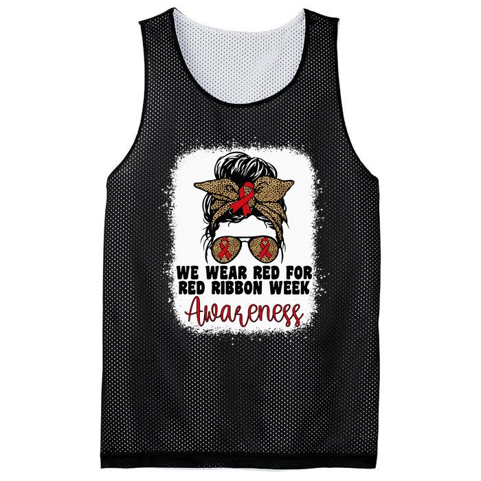 We Wear Red For Red Ribbon Week Awareness Cute Messy Bun Mesh Reversible Basketball Jersey Tank