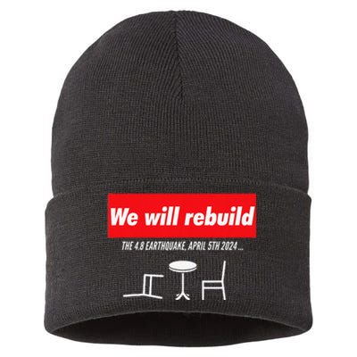 We Will Rebuild Funny Nyc And Nj Earthquake Sustainable Knit Beanie