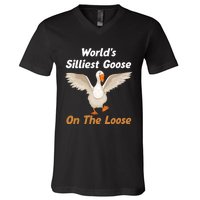 Wo World's Silliest Goose On The Loose Funny V-Neck V-Neck T-Shirt