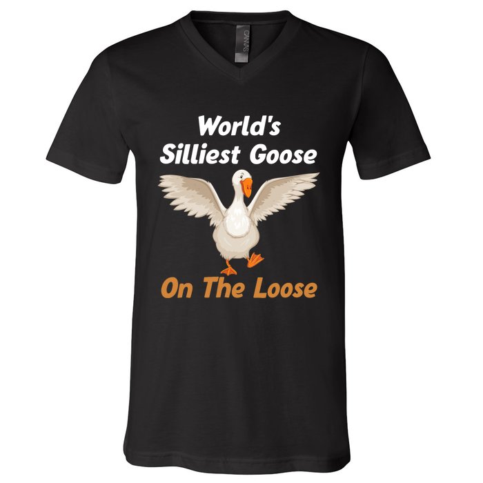 Wo World's Silliest Goose On The Loose Funny V-Neck V-Neck T-Shirt