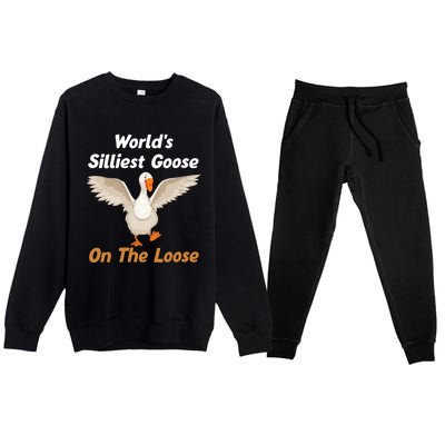 Wo World's Silliest Goose On The Loose Funny V-Neck Premium Crewneck Sweatsuit Set